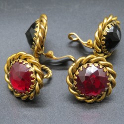 Early vintage butler and wilson dangling clip on earrings black and red crystals, signed BUTLER & WILSON